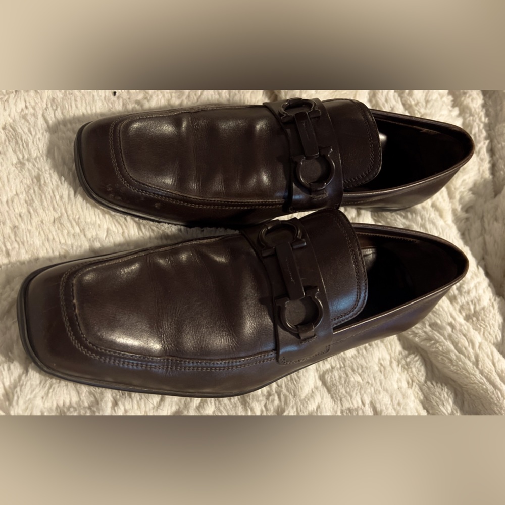 Salvatore Ferragamo Dark Brown Leather Gancini Bit Slip On Loafers Size 8.5 D